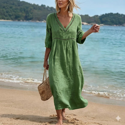 👗【S-3XL】Ljetna moderna pamučno-lanena haljina s V-izrezom, prozračna, udobna i stagnira