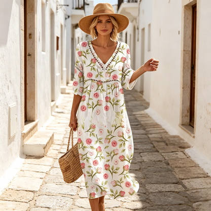 👗【S-3XL】Vestido largo de algodón y lino con estampado floral, estilo veraniego, escote en V, cintura pronunciada, holgado y transpirable, disimula imperfecciones y estiliza la figura.