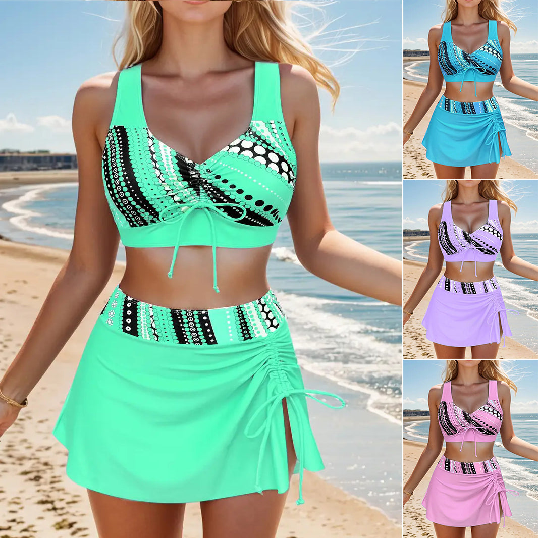 🩱👙【S-2XL】Udoban dvodijelni kupaći kostim s printom i mašnom - dizajn s vezicama laska vašoj figuri, savršen za odmor na plaži