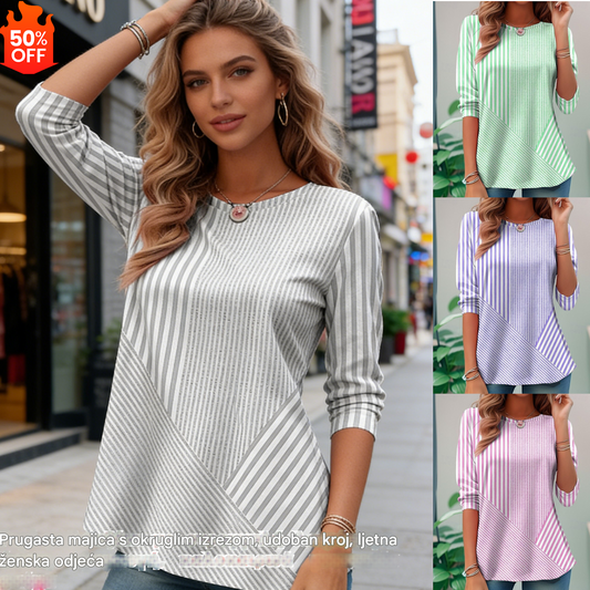 ✨👚【S-5XL】🔥Nova prugasta majica s okruglim izrezom za proljeće/ljeto 2026., udobna i ležerna