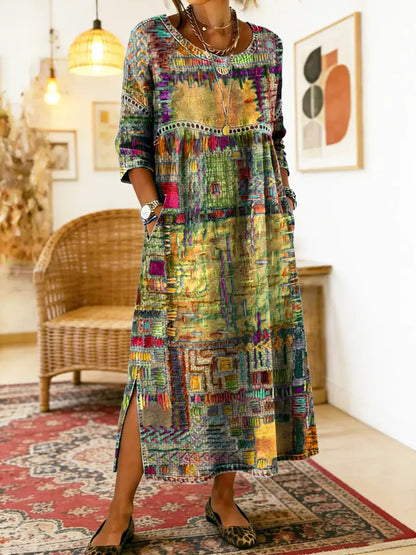 Manuela | Vestido Maxi Bohemio con Estampado de Patchwork Étnico-4303907