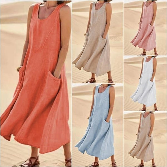 🌈【S-5XL】Nova ljetna pamučna tencel elegantna haljina bez rukava s okruglim izrezom (11 boja)
