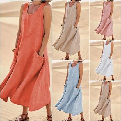 🌈【S-5XL】Nova ljetna pamučna tencel elegantna haljina bez rukava s okruglim izrezom (11 boja)