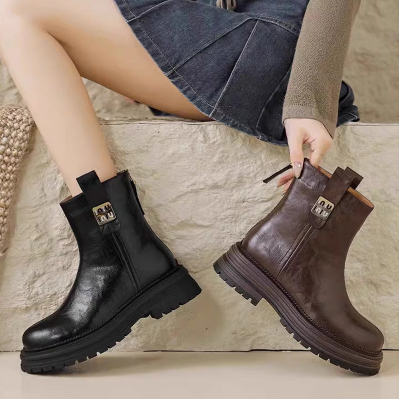 🔥Botas de invierno de piel de oveja para mujer con acolchado extra, suela más gruesa, botines cortos estilo inglés, piel auténtica suave.3840549 