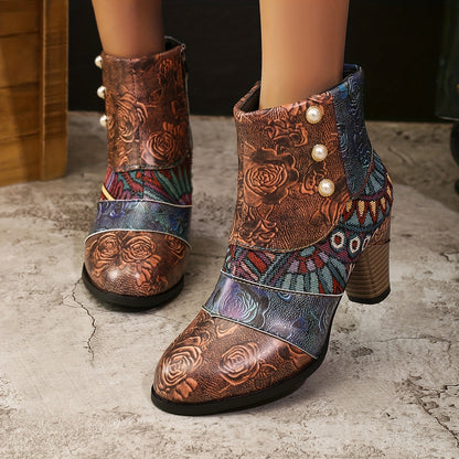 【35-43】👢Nove ženske moderne kožne čizme u retro etničkom stilu, gležnjače s debelim vrhom i špicastim vrhom