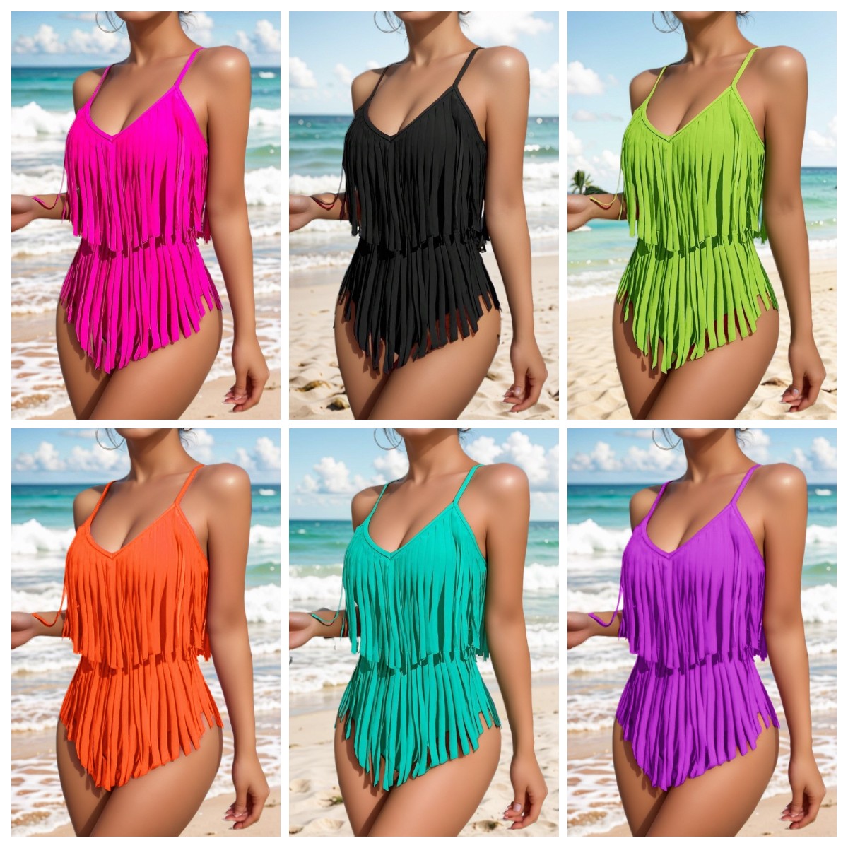 😍👙2024. [Gran oferta] Traje de baño de una pieza sin espalda con borlas y escote en V - 3691289 