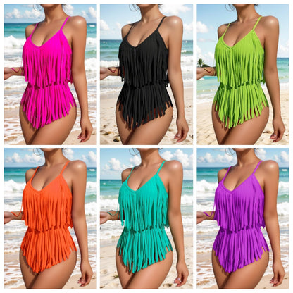 😍👙2024. [Gran oferta] Traje de baño de una pieza sin espalda con borlas y escote en V - 3691289 
