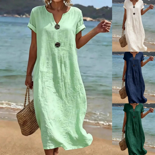 👗Lanena i pamučna ljetna haljina | Labav kroj koji laska figuri, lagan i prozračan, elegantan i udoban za cjelodnevno nošenje【S-3XL】