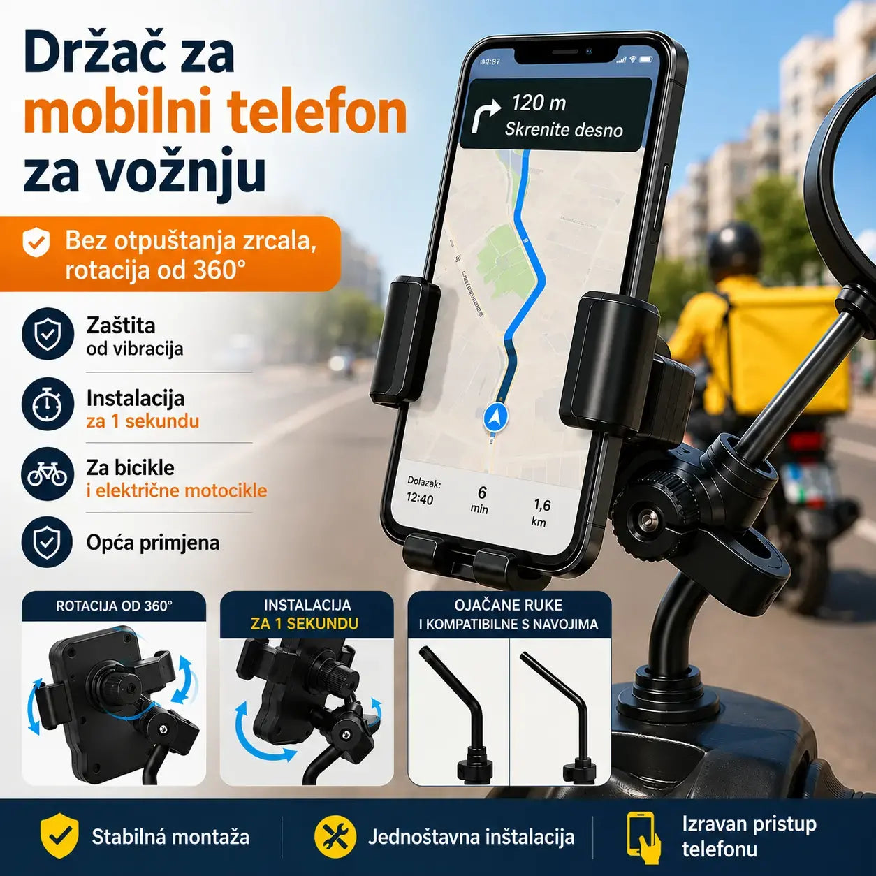 🚴 Držač za telefon za motocikl, čvrst prihvat, automatsko zaključavanje u četiri točke i 360° rotacija