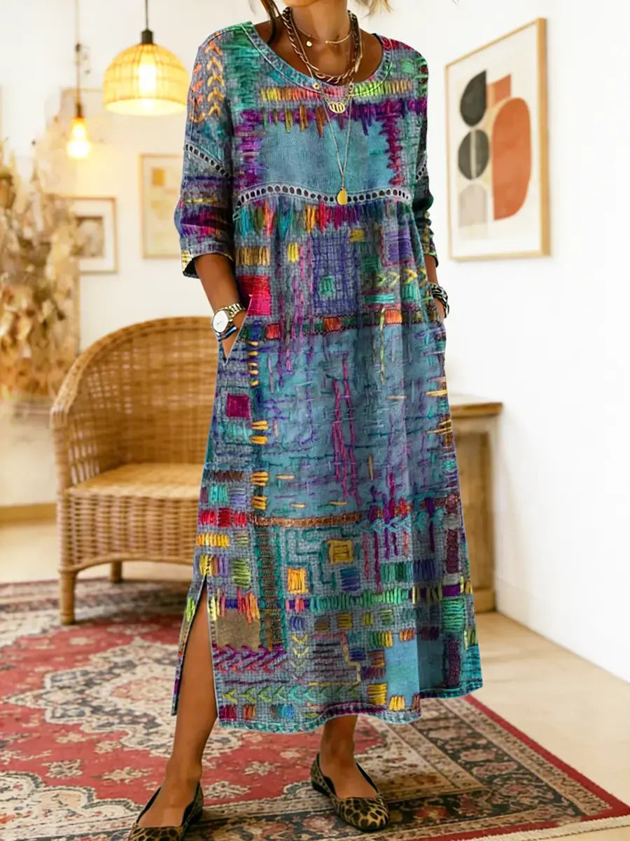 Manuela | Vestido Maxi Bohemio con Estampado de Patchwork Étnico-4303907