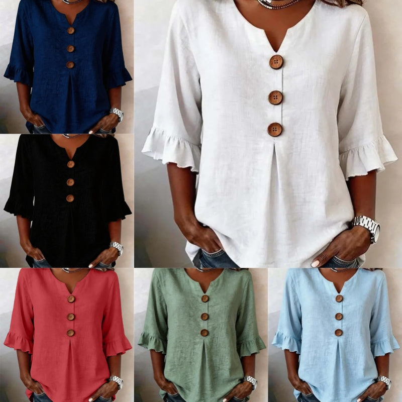 【S-3XL】Ženska bluza od pamuka i lana, puf rukavi, dizajn s gumbima