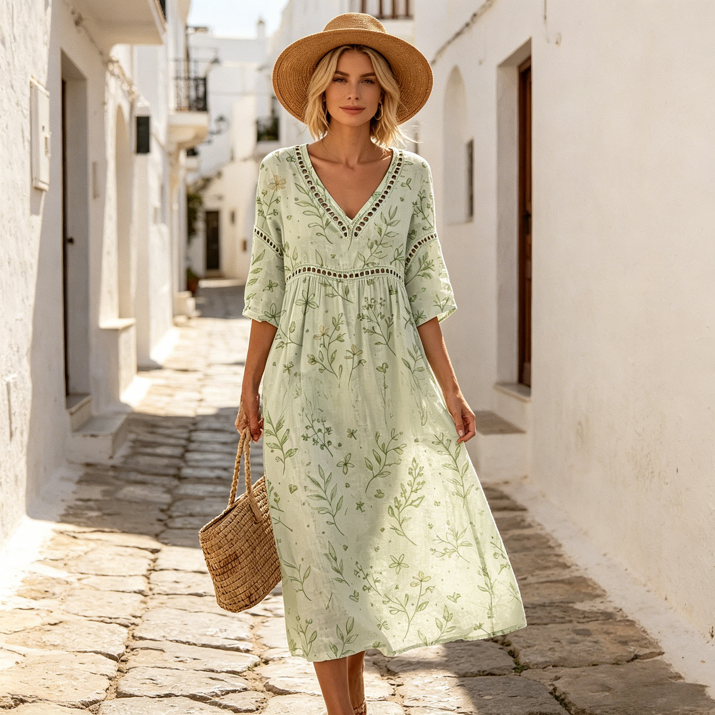 👗【S-3XL】Duga haljina od pamuka i lana s cvjetnim uzorkom u ljetnom stilu, V-izrez, udubljeni struk, široka i prozračna, skriva nedostatke i čini vas vitkijima.