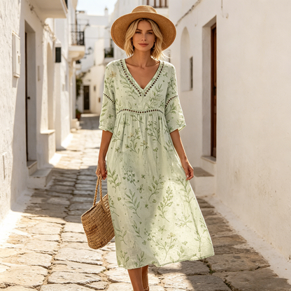 👗【S-3XL】Dlhé letné šaty s kvetinovým vzorom z bavlny a ľanu, výstrih do V, hlboký pás, voľné a priedušné, zakryjú nedostatky a zoštíhlia vás.