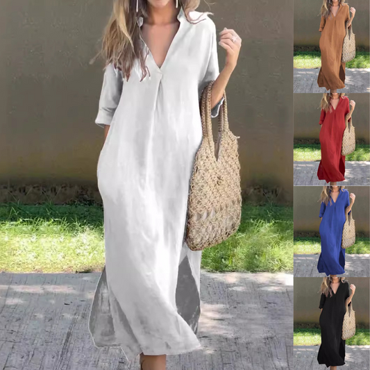 💃💋【50% popusta 🔥】【S–3XL】Duga lanena suknja s V-izrezom i prorezom, udobna i lagana, savršena za ljeto