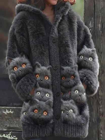 🔥🐾【Časovno omejen popust -50%】 Ženski eleganten in ljubek plašč s kapuco in živalskim potiskom, popoln za jesen in zimo 🧥✨-E