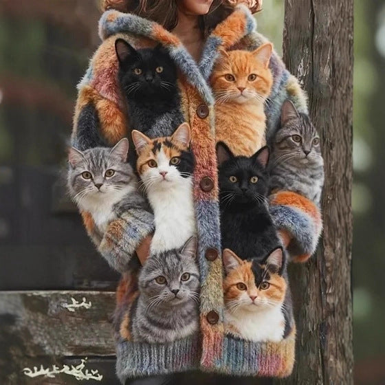 🔥🐾【Časovno omejen popust -50%】 Ženski eleganten in ljubek plašč s kapuco in živalskim potiskom, popoln za jesen in zimo 🧥✨-E