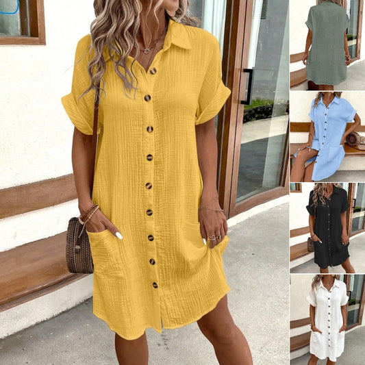 Vestido de viaje de vacaciones de algodón y lino 2025 con mangas cortas, ligero y aireado3911474 