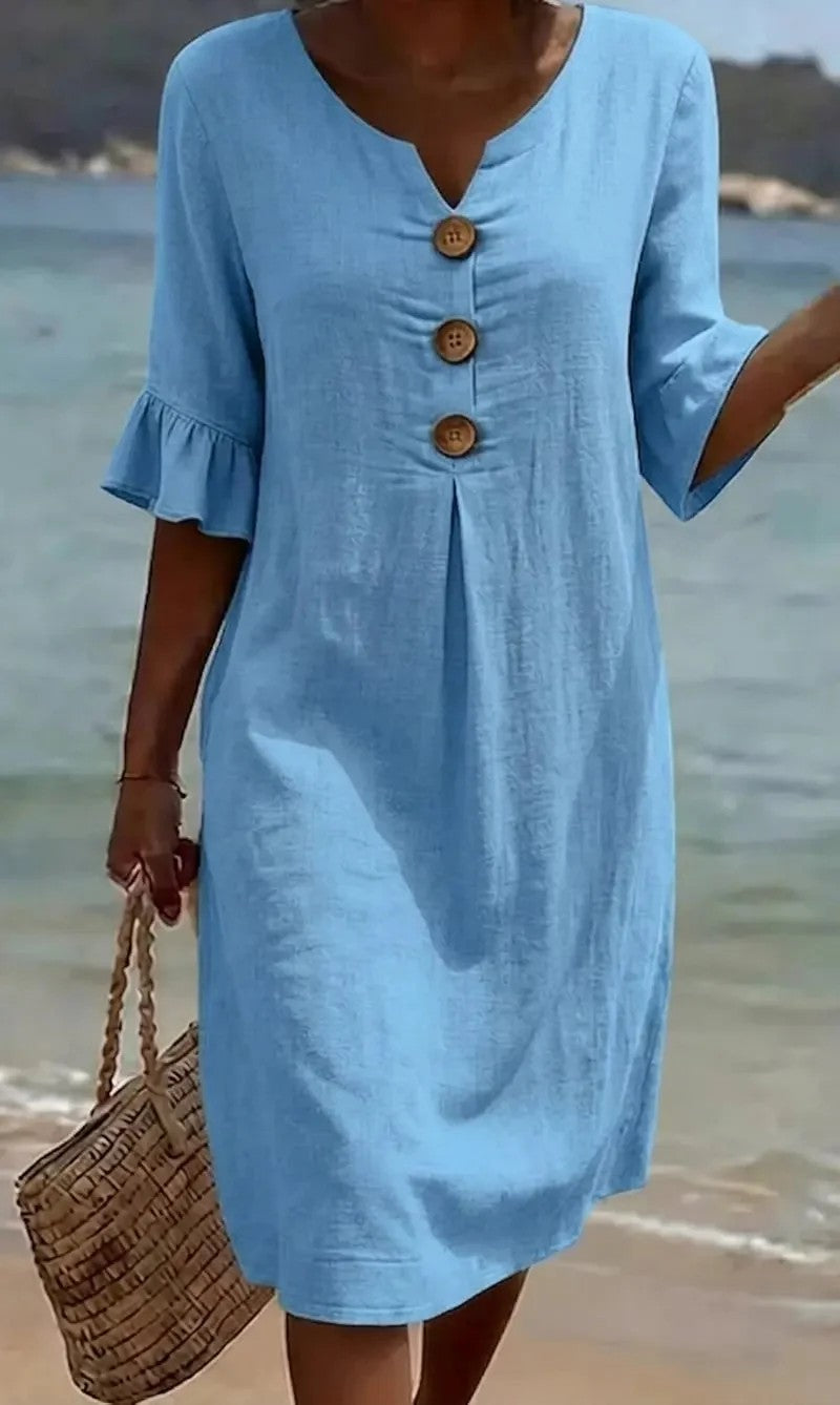 ✨【S-3XL】Vestido de lino y algodón para mujer, con mangas abullonadas y diseño con botones, corte holgado que estiliza la figura y aporta elegancia