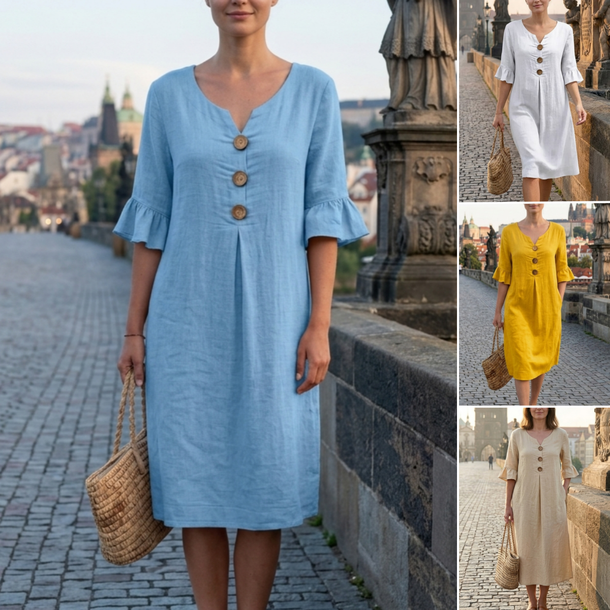 ✨【S-3XL】Ženska haljina od pamuka i lana s puf rukavima i gumbima