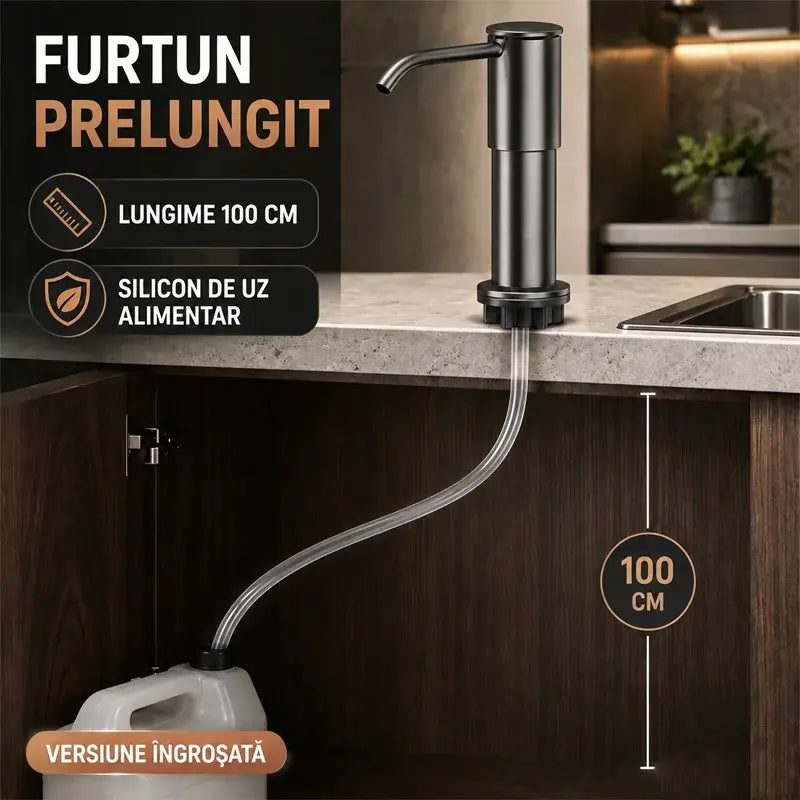 Ugradbeni dozator sapuna i deterdženta za sudoper, vrhunski nehrđajući čelik, s produžnom cijevi za izravno spajanje na bocu i gravitacijskom kuglicom (čelik 304), brzo pumpanje
