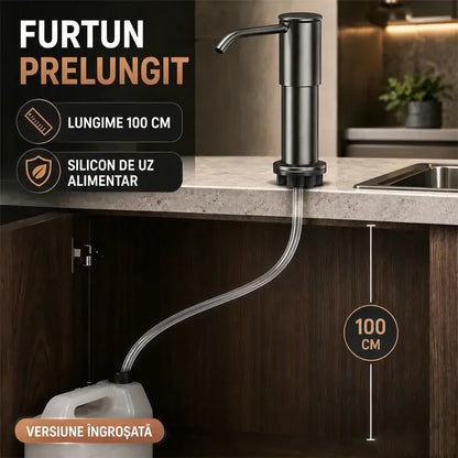 Ugradbeni dozator sapuna i deterdženta za sudoper, vrhunski nehrđajući čelik, s produžnom cijevi za izravno spajanje na bocu i gravitacijskom kuglicom (čelik 304), brzo pumpanje