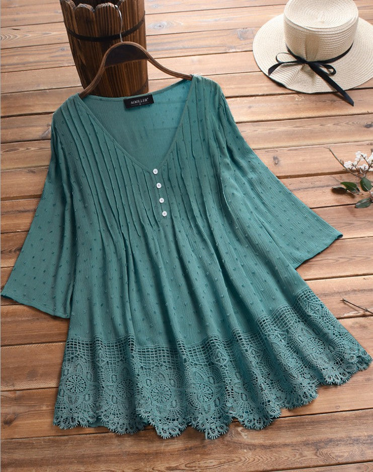 🔥Kupite 1, dobijte 1 gratis🔥【S-5XL】👚Žakard košulja s plisiranim i čipkastim uzorkom, otvoreni V izrez🌺【50-120 kg】