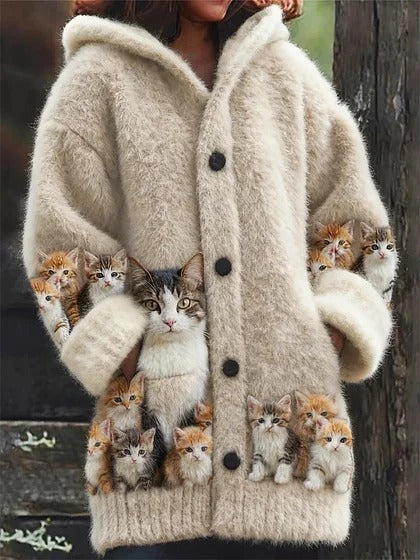 🔥🐾【Časovno omejen popust -50%】 Ženski eleganten in ljubek plašč s kapuco in živalskim potiskom, popoln za jesen in zimo 🧥✨-E