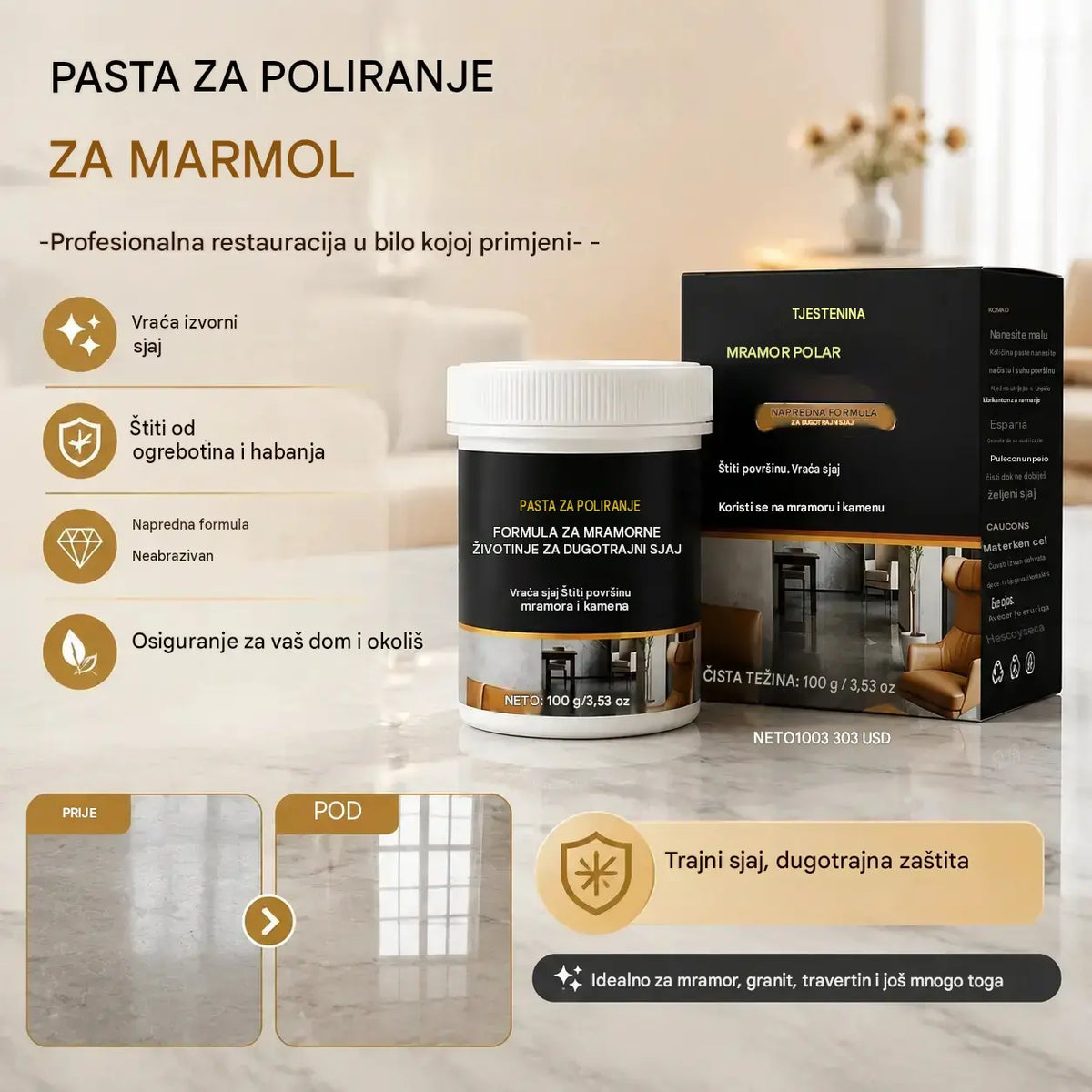🥳 🔥 Dvije bočice za samo 35 €! ✨ Pasta za poliranje mramora – Uklanja ogrebotine, vraća sjaj i štiti površine za samo 2 minute 🛡️