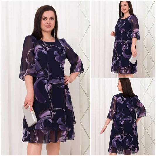 💕【S-5XL】👗Elegantna mreža s rukavima od listova lotosa, haljina s printom3644636