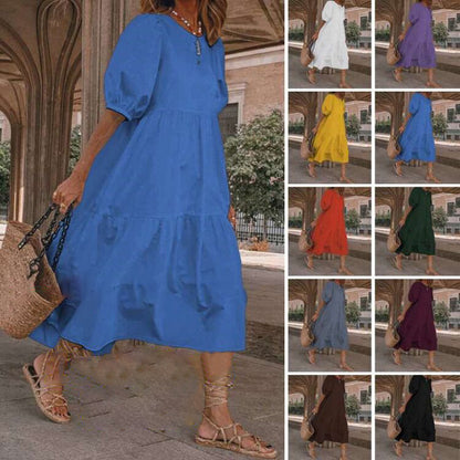 👗Novo u ponudi [S-5XL] Prirodna pamučna i lanena ljetna haljina u boemskom stilu za žene, retro haljina s okruglim izrezom -