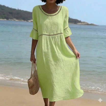 ✨👗【S-3XL】Nova ljetna haljina od prirodnog lana, dizajn puf rukava, svježa i prozračna, super mekana i udobna.