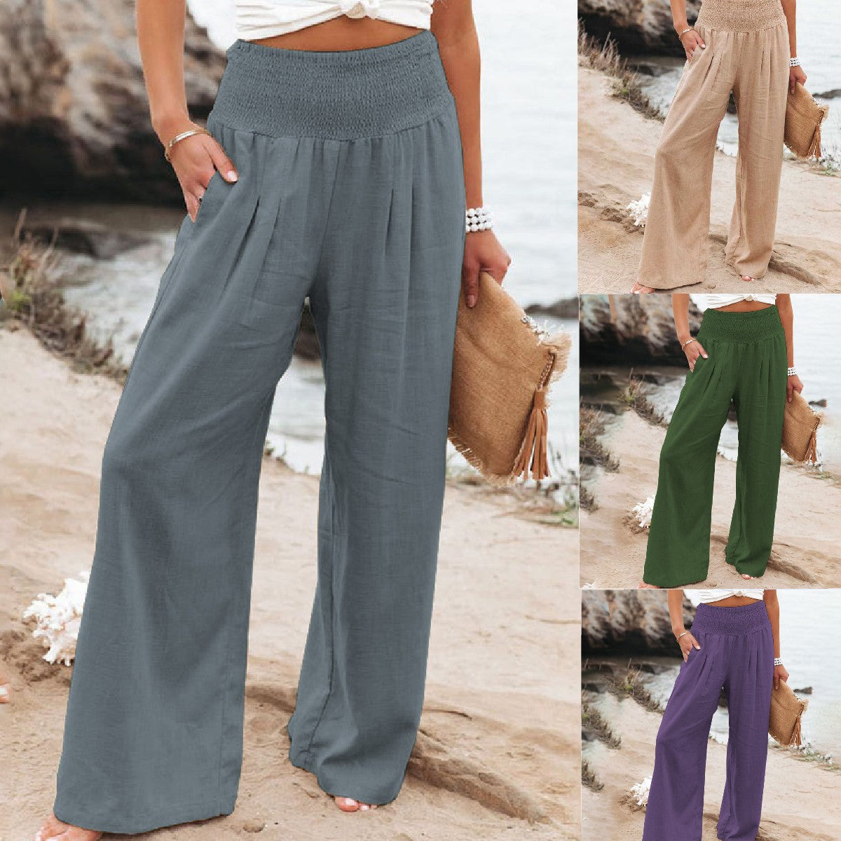 🔥🔥【s-3xl】Pantalones anchos casuales de algodón y lino de verano para mujer--3696707 