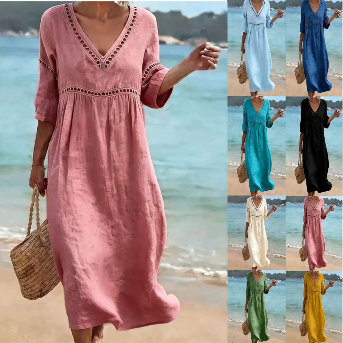 👗【S-3XL】Ljetna moderna pamučno-lanena haljina s V-izrezom, prozračna, udobna i stagnira