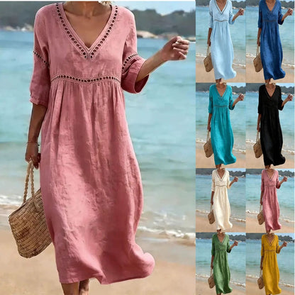 👗【S-3XL】Vestido de verano de algodón y lino a la moda con escote en V, transpirable, cómodo y que no se atasca.