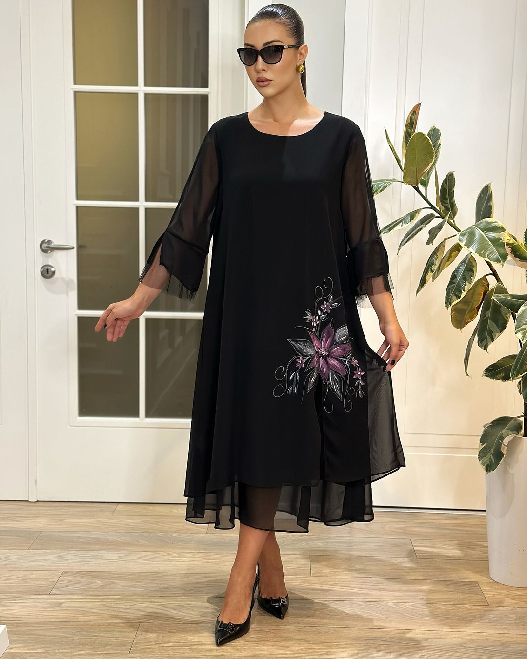 【S-5XL】👗Nova šifonska haljina s dugim rukavima: Široka silueta A-kroja za efekt vitkosti, mrežasti rukavi, romantični cvjetni vez.