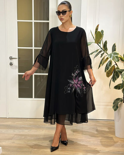 【S-5XL】👗Nova šifonska haljina s dugim rukavima: Široka silueta A-kroja za efekt vitkosti, mrežasti rukavi, romantični cvjetni vez.