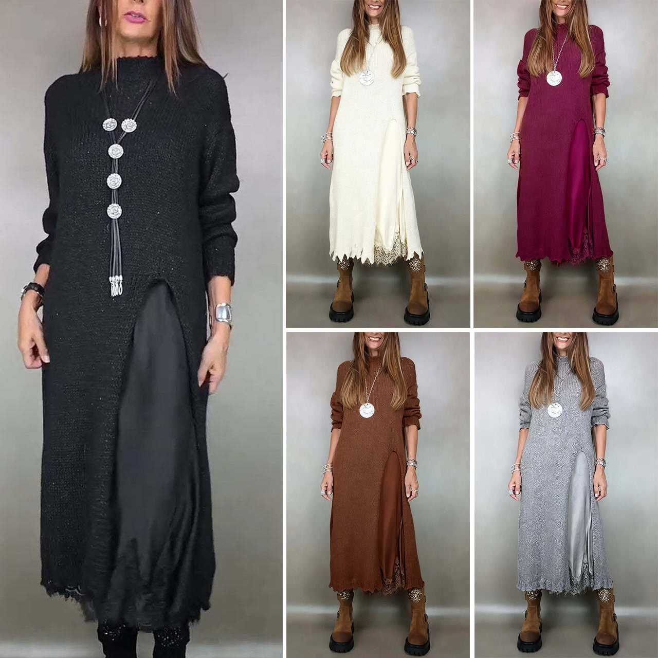 【XS-3XL】👗Nov komplet iz čipke, z razporkom, dizajn puloverja, dvodelni komplet obleka-pulover s trakovi in razporkom