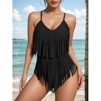 😍👙2024. [Gran oferta] Traje de baño de una pieza sin espalda con borlas y escote en V - 3691289 