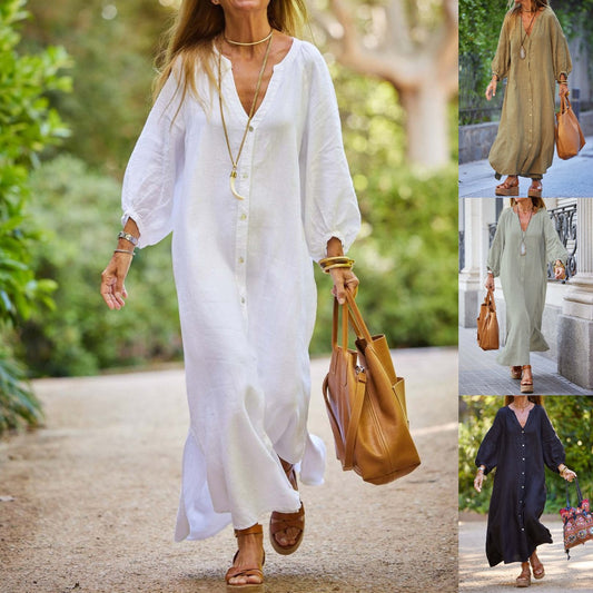 👗Ograničeno vrijeme 45% popusta🎁 [S–3XL] Nova ženska duga haljina-košulja s V-izrezom, prirodni materijal od pamuka i lana, veća veličina