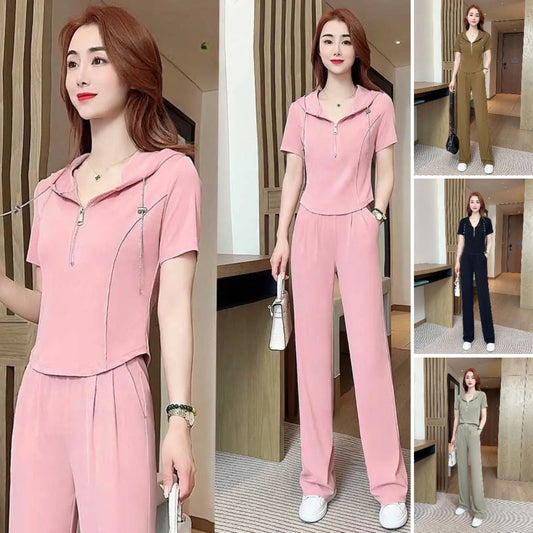 ✨【M-4XL】Žensko ležerno odijelo ljeto 2025. nova moda široke hlače od ledene svile Dvodijelno odijelo 【top + hlače】