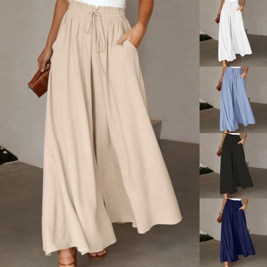 🌈[S-2XL] Nove visokoelastične hlače iz 2025., pamuk i lan ugodne za kožu, široke ravne ženske hlače s elastičnim strukom