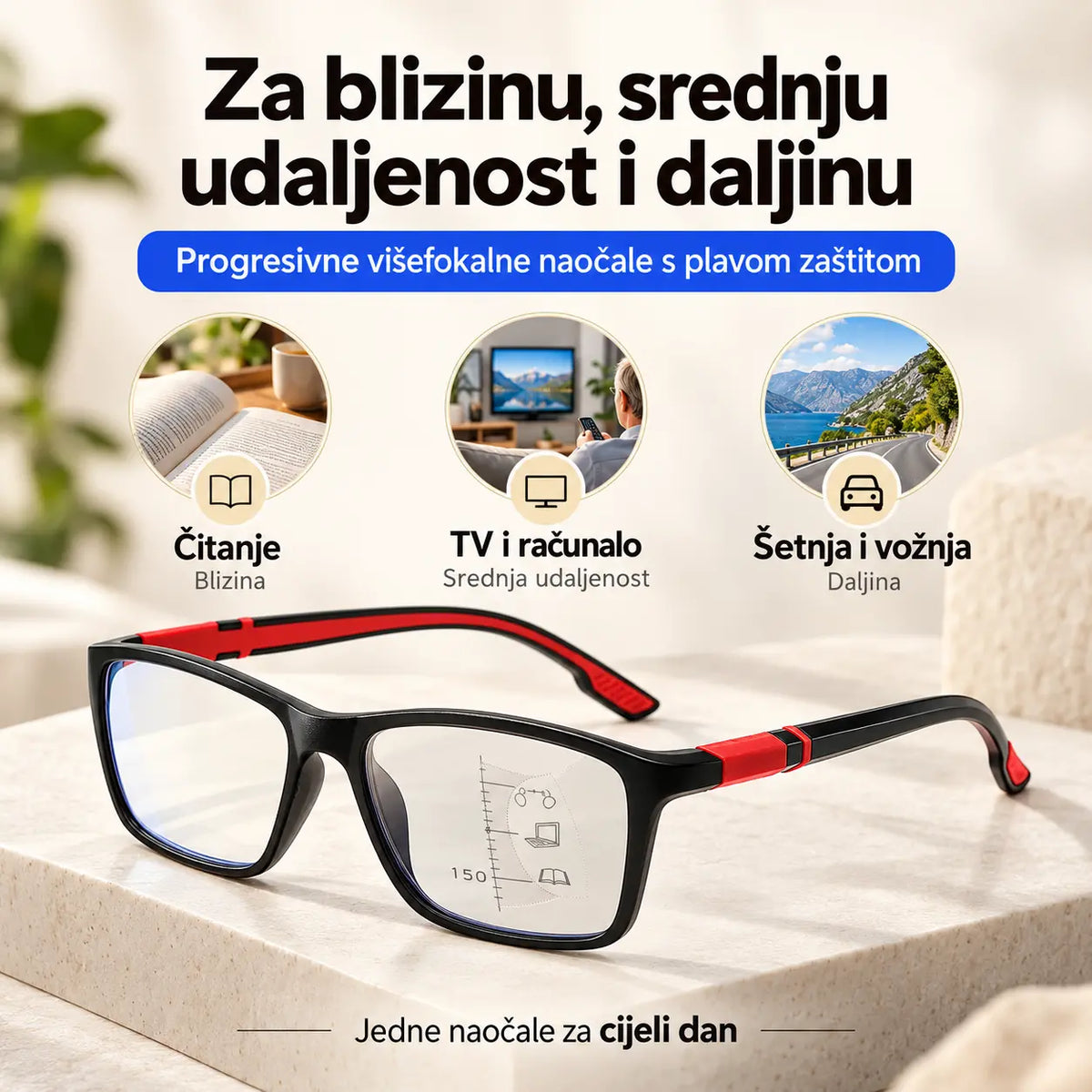 Progresivne multifokalne naočale za čitanje s laganim okvirom koji ne klizi, za gledanje na blizinu i daljinu, sa zaštitom od plavog svjetla.