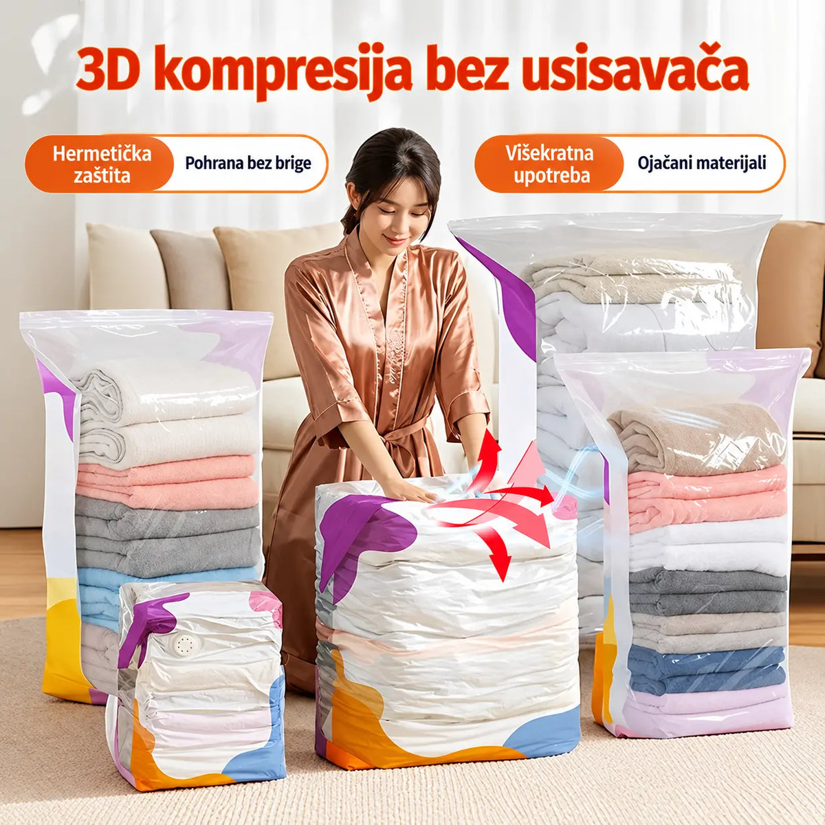 🧳【Set od 5 dijelova】💨 Velika, stlačiva vakuumska vrećica za pohranu: nije potrebna pumpa, nepropusna je i idealna za uštedu prostora u koferima i kod kuće ✈️