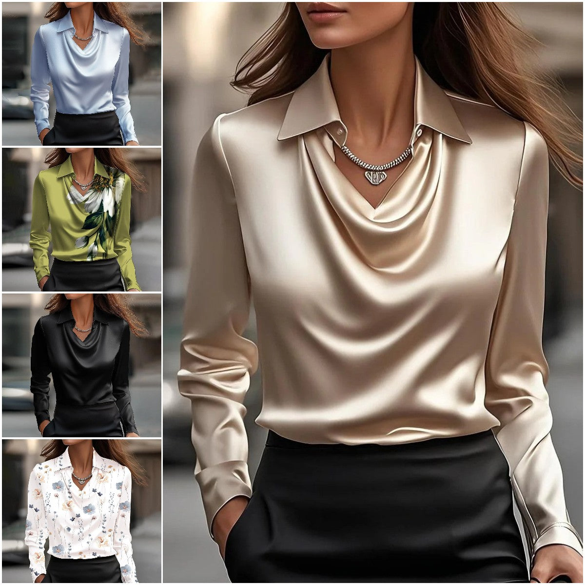 【Elegantna satenska košulja za proljeće/ljeto】🔥✨Ženska jednobojna košulja s ovratnikom i printom