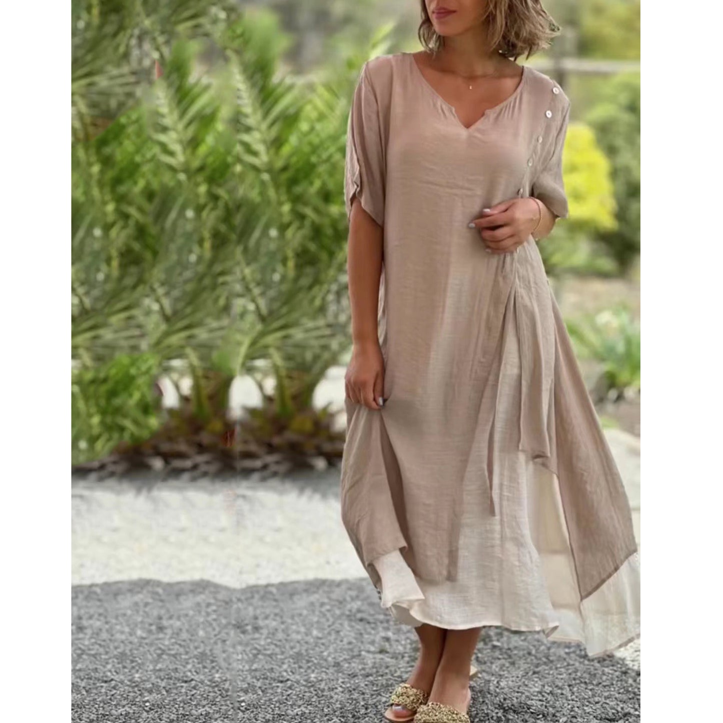 ✨【Sezonska rasprodaja】👗Nova asimetrična dvodijelna haljina s V-izrezom【S-4XL】【45-110 kg】-Besplatna dostava