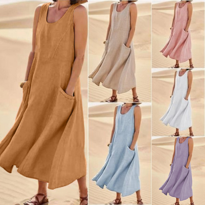 🌈👗【S-5XL】Nova elegantna jednobojna haljina bez rukava s okruglim izrezom od pamuka i lana za ljeto 2025.