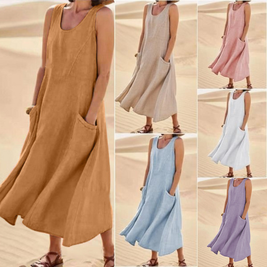 🌈👗【S-5XL】Nova elegantna jednobojna haljina bez rukava s okruglim izrezom od pamuka i lana za ljeto 2025.