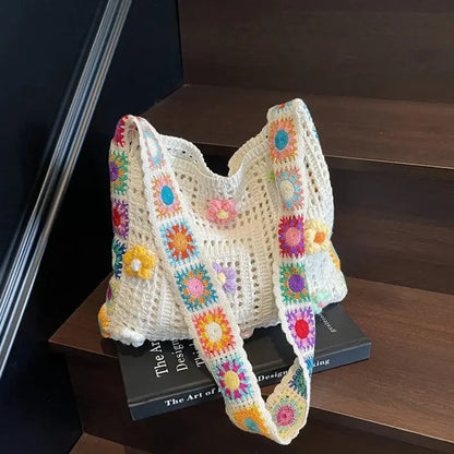 📢📢50% popusta! ⏰Ručno rađena heklana ženska torba za rame - šareni karirani remen za rame s 3D cvjetnim ukrasom - savršena za svakodnevne izlaske i odmore.