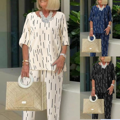 Promoción del Día de la Madre [Camiseta + Pantalón] [40-110 piezas] Nuevo conjunto de dos piezas de moda con cuello redondo y media manga - Suave y cómodo 