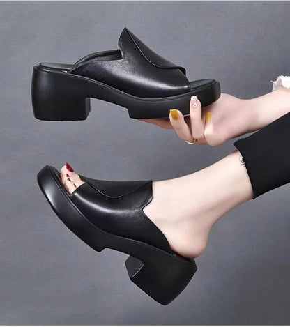 【35-40】Zapatillas de tacón grueso de color liso para mujer de moda 3637358 